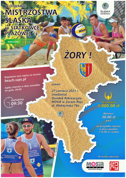 Na plakacie informacje o turnieju siatkówki plażowej, w tle zdjęcia zawodników na boisku zewnętrznym, kolaż zdjęciowy i kontury regionu