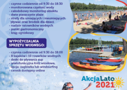 Na plakacie informacje dotyczące otwarcia kąpieliska Śmieszek, w tle zdjęcie kobiety w wodzie podczas letniej pogody