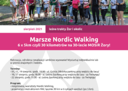 Na plakacie zapowiedź marszów nordic walking, u góry logo Akcji Lato 2021, w środku zdjęcie przedstawiające grupę spacerowiczów z kijkami na trawie