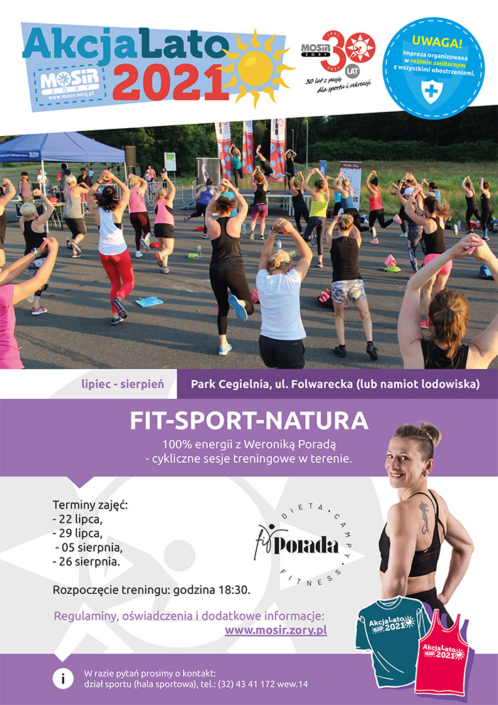 Na plakacie zapowiedź zajęć fitness, u góry logo Akcji Lato 2021, w środku zdjęcie przedstawiające zajęcia fitness w parku cegielnia