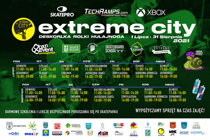 Na plakacie na zielonym tle informacje dotyczące organizacji warsztatów Extreme City, u dołu logotypy