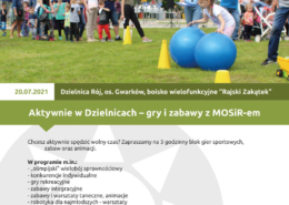 Na plakacie zapowiedź zajęć w dzielnicach, u góry logo Akcji Lato 2021, w środku zdjęcie przedstawiające konkurencje sportowe na trawie