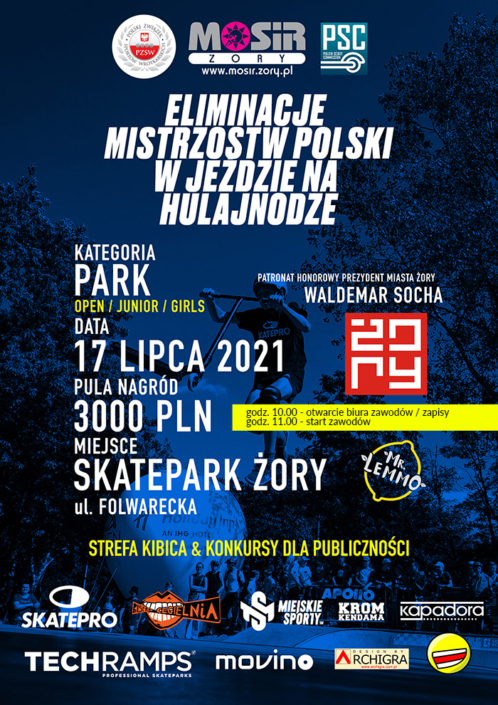 Na plakacie informacje o mistrzostwach w jeździe na hulajnodze, w tle ciemne niebieskie zdjęcie skateparku, dookoła logotypy