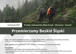 Na plakacie zapowiedź wyjazdu w góry, u góry logo Akcji Lato 2021, w środku zdjęcie przedstawiające dwóch turystów na ścieżce w górach