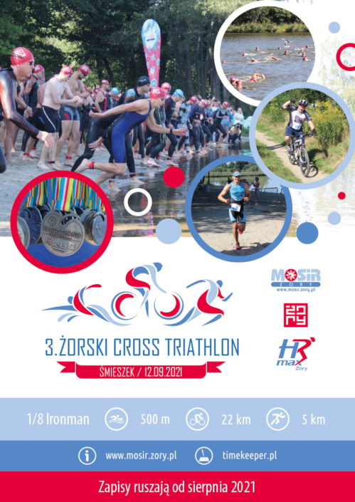 Na plakacie zapowiedź żorskiego cross trathlonu, na dole logo imprezy, u góry zdjęcia z ubiegłorocznej edycji - zawodnicy na starcie, kolarz, biegacz, medale i pływacy