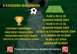 Na plakacie informacje dotyczące turnieju piłki nożnej, u dołu logotypy, w tle ciemne zdjęcie murawy piłkarskiej