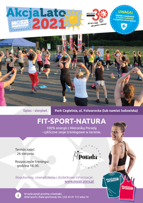 Na plakacie zapowiedź zajęć fitness, u góry logo Akcji Lato 2021, w środku zdjęcie przedstawiające zajęcia fitness w parku cegielnia