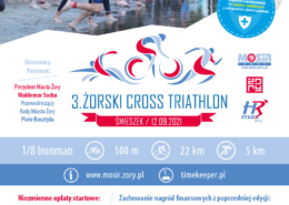 Na plakacie zapowiedź żorskiego cross trathlonu, na dole logo imprezy, u góry zdjęcia z ubiegłorocznej edycji - zawodnicy na starcie, kolarz, biegacz, medale i pływacy