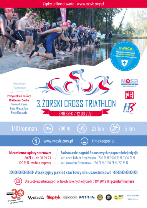 Na plakacie zapowiedź żorskiego cross trathlonu, na dole logo imprezy, u góry zdjęcia z ubiegłorocznej edycji - zawodnicy na starcie, kolarz, biegacz, medale i pływacy