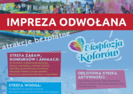 na plakacie informacje o żorskim dniu rodziny, w tle zdjęcia atrakcji (dmuchańce, festiwal kolorów, konkurencje) oraz duże zdjęcie dziewczynki w wodzie; na dole logotypy