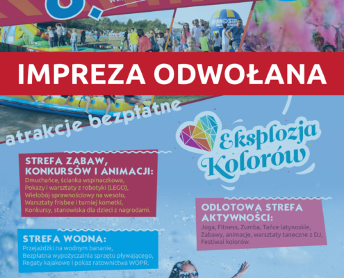 na plakacie informacje o żorskim dniu rodziny, w tle zdjęcia atrakcji (dmuchańce, festiwal kolorów, konkurencje) oraz duże zdjęcie dziewczynki w wodzie; na dole logotypy