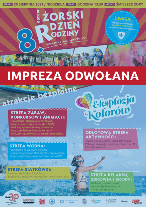 na plakacie informacje o żorskim dniu rodziny, w tle zdjęcia atrakcji (dmuchańce, festiwal kolorów, konkurencje) oraz duże zdjęcie dziewczynki w wodzie; na dole logotypy