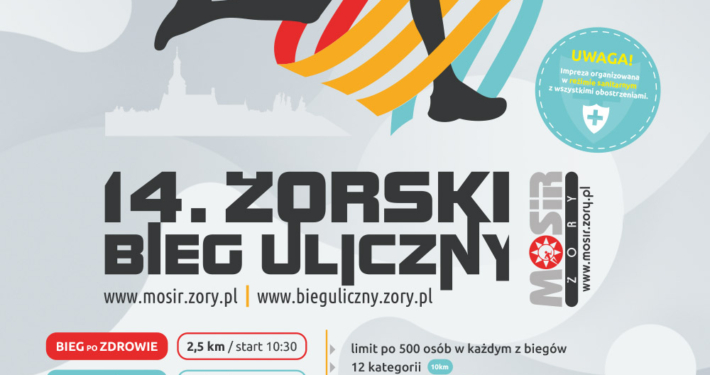 na plakacie informacje dotyczące żorskiego biegu ulicznego, na dole logotypy partnerów, u góry ilustracja biegacza w logo miasta żory