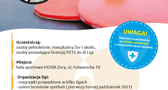 na plakacie informacje o lidze tenisa stołowego, u góry zdjęcie rakietek i piłki na stole