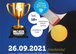 na plakacie informacje o turnieju tenisa stołowego, na niebieskim tle rakietka i piłka, z boku ilustracja pucharu
