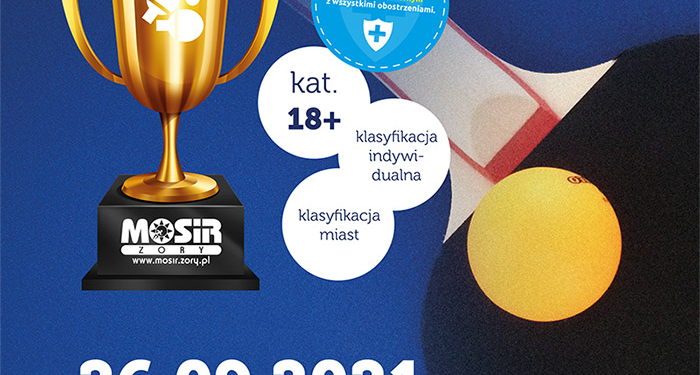 na plakacie informacje o turnieju tenisa stołowego, na niebieskim tle rakietka i piłka, z boku ilustracja pucharu