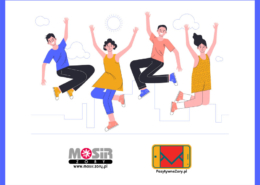 na grafice na białym tle ilustracja grupy ludzi w podskoku, na dole logo MOSiR i Pozytywne Żory