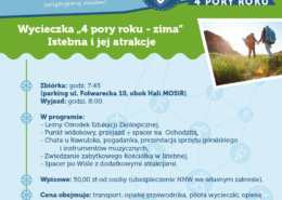 na plakacie informacje o wycieczce do Istebnej, u góry logo akcji zima, z boku zdjęcie turystów w górach