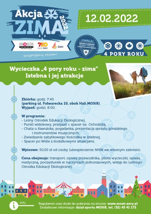 na plakacie informacje o wycieczce do Istebnej, u góry logo akcji zima, z boku zdjęcie turystów w górach