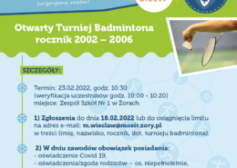 na plakacie informacje o turnieju badmintona, u góry logo akcji zima, z boku zdjęcie paletki i lotki w czasie gry