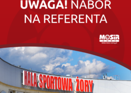 na grafice napis uwaga nabór na referenta, z boku logo MOSiR, u dołu zdjęcie dachu hali sportowej