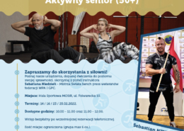 na plakacie informacje o ćwiczeniach na siłowni dla seniorów, u góry logo akcji zima, w centralnej części zdjęcie dwóch osób ćwiczących na siłowni