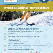 na plakacie informacje o wyjeździe na narty zjazdowe, u góry logo akcji zima, w centralnej części zdjęcie narciarza na stoku