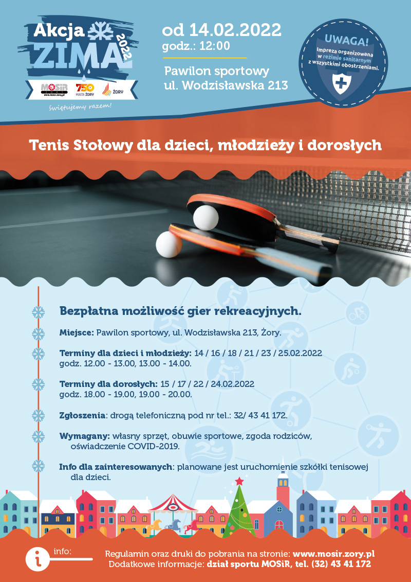 na plakacie informacje o zajęciach tenisa stołowego, u góry logo akcji zima, w centralnej części zdjęcie rakietek, piłeczek i stołu do tenisa