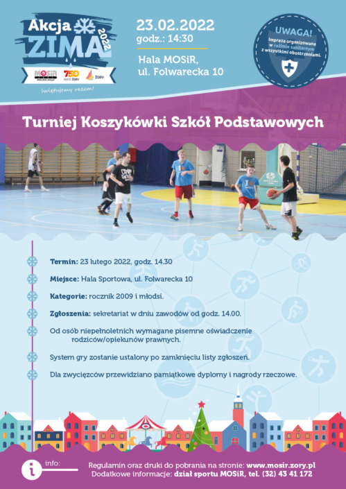 na plakacie informacje o imprezie w hali sportowej - konkurencje, u góry logo akcji zima, w centralnej części zdjęcie gier i zabaw oraz dmuchańca w hali sportowej