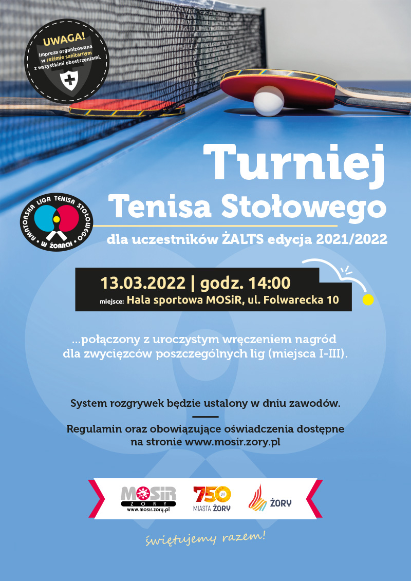 na plakacie u góry zdjęcie stołu do tenisa z rakietkami i piłką, na dole logotypy, w środku zaproszenie na turniej tenisa stołowego