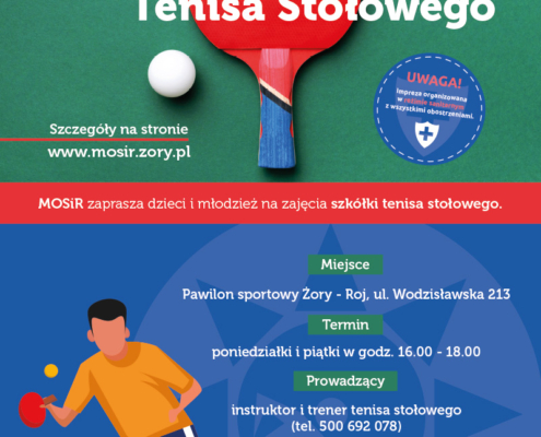 na plakacie na zielono-niebieskim tle informacje o szkółce tenisa stołowego, zdjęcie rakietki i piłeczki oraz ilustracja gracza