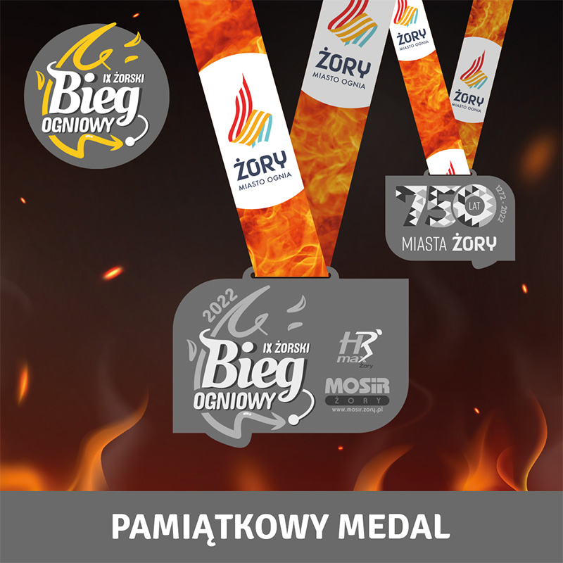 na grafice na ognistym tle wizualizacja projektu medalu żorskiego biegu ogniowego, u góry logo imprezy, na dole napis pamiątkowy medal