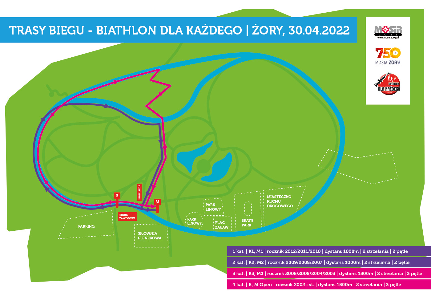 na grafice ilustracja z mapą parku cegielnia i trasami przebiegu biathlonu