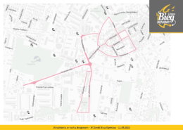 na mapie zaznaczono Trasę Biegu Ogniowego oraz Procesji Ogniowej, a także miejsca parkingowe dostępne dla uczestników Święta Ogniowego