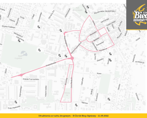 na mapie zaznaczono Trasę Biegu Ogniowego oraz Procesji Ogniowej, a także miejsca parkingowe dostępne dla uczestników Święta Ogniowego