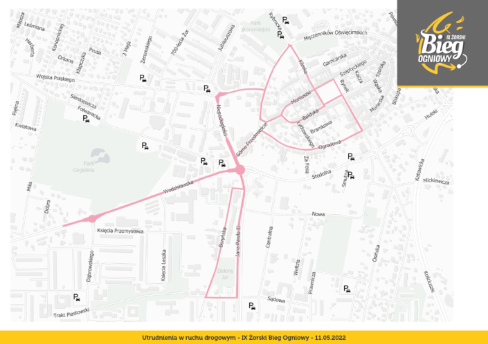 na mapie zaznaczono Trasę Biegu Ogniowego oraz Procesji Ogniowej, a także miejsca parkingowe dostępne dla uczestników Święta Ogniowego