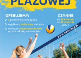 na plakacie na niebieskim tle informacje o boiskach do siatkówki plażowej, na dole zdjęcie pary grającej w siatkówkę