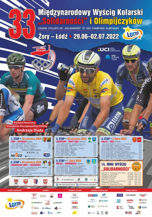 na kolorowym plakacie zdjęcie kolarzy, loga sponsorów i informacje na temat wyścigu
