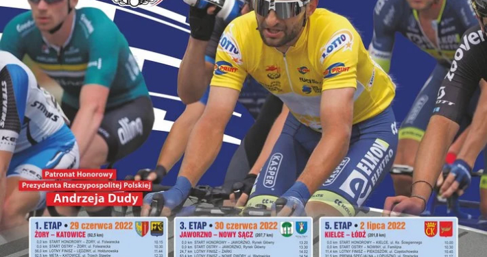 na kolorowym plakacie zdjęcie kolarzy, loga sponsorów i informacje na temat wyścigu