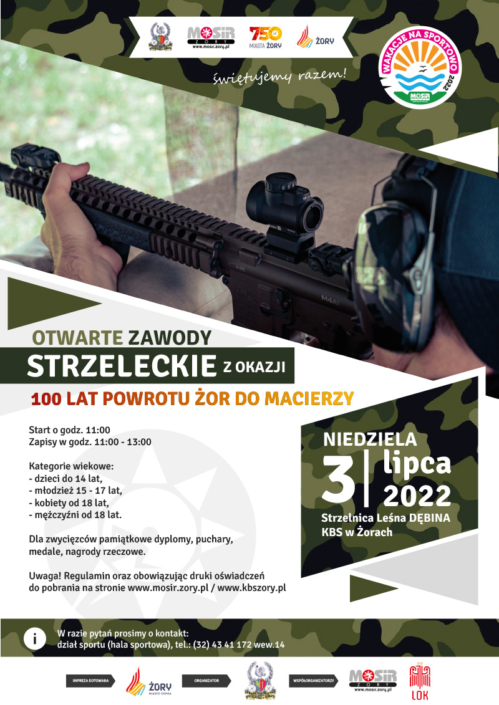 na plakacie informacje o zawodach strzeleckich, na środku zdjęcie osoby mierzącej z broni, na dole loga