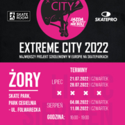 na plakacie na czarno-różowym tle informacje o szkoleniach na skate parku, u góry i na dole loga