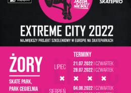 na plakacie na czarno-różowym tle informacje o szkoleniach na skate parku, u góry i na dole loga