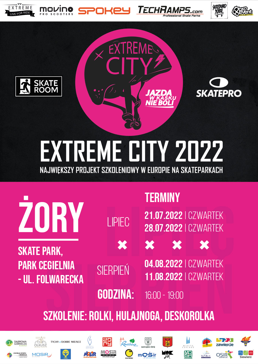 na plakacie na czarno-różowym tle informacje o szkoleniach na skate parku, u góry i na dole loga