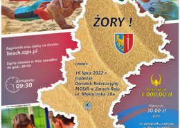 na plakacie obrys śląska, informacje o turnieju siatkówki plażowej i zdjęcia zawodników podczas gry