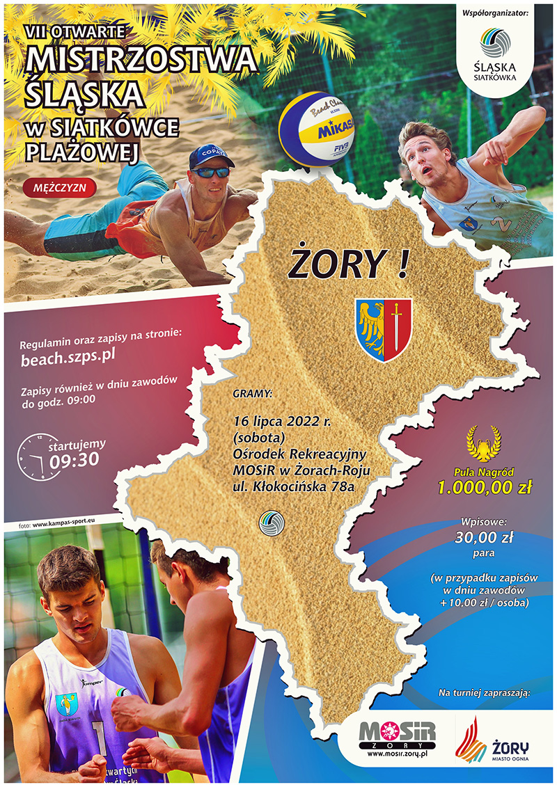 na plakacie obrys śląska, informacje o turnieju siatkówki plażowej i zdjęcia zawodników podczas gry