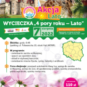na plakacie informacje o wycieczce letniej, na zdjęciach żyrafa, zamek i łąka kwiatów oraz obrys Polski