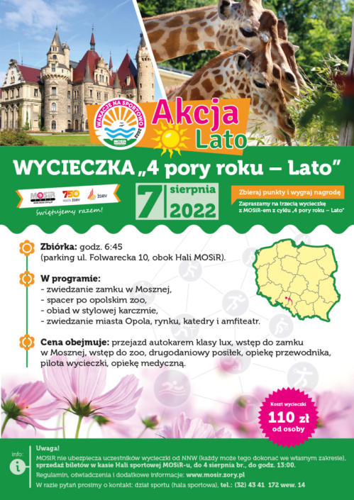 na plakacie informacje o wycieczce letniej, na zdjęciach żyrafa, zamek i łąka kwiatów oraz obrys Polski
