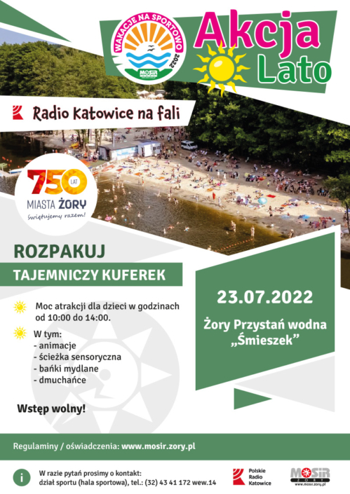 na plakacie informacja o imprezie na kąpielisku Śmieszek, w tle zdjęcie obiektu z lotu ptaka, na dole loga