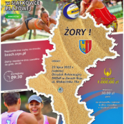 na kolorowym plakacie zdjęcia przedstawiające grę w siatkówkę plażową, lista miejscowości i zarys województwa śląskiego