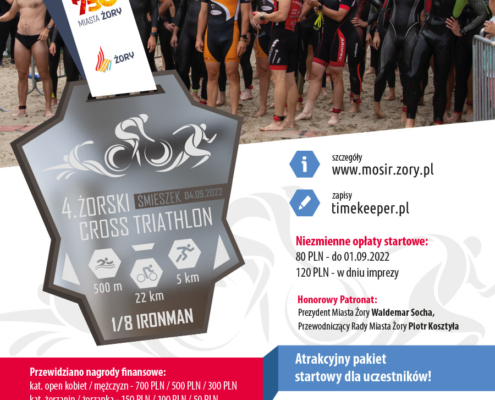 na plakacie duże zdjęcie zawodników triathlonu na Śmieszku, z boku wizualizacja srebrnego medalu, informacje o wydarzeniu i loga